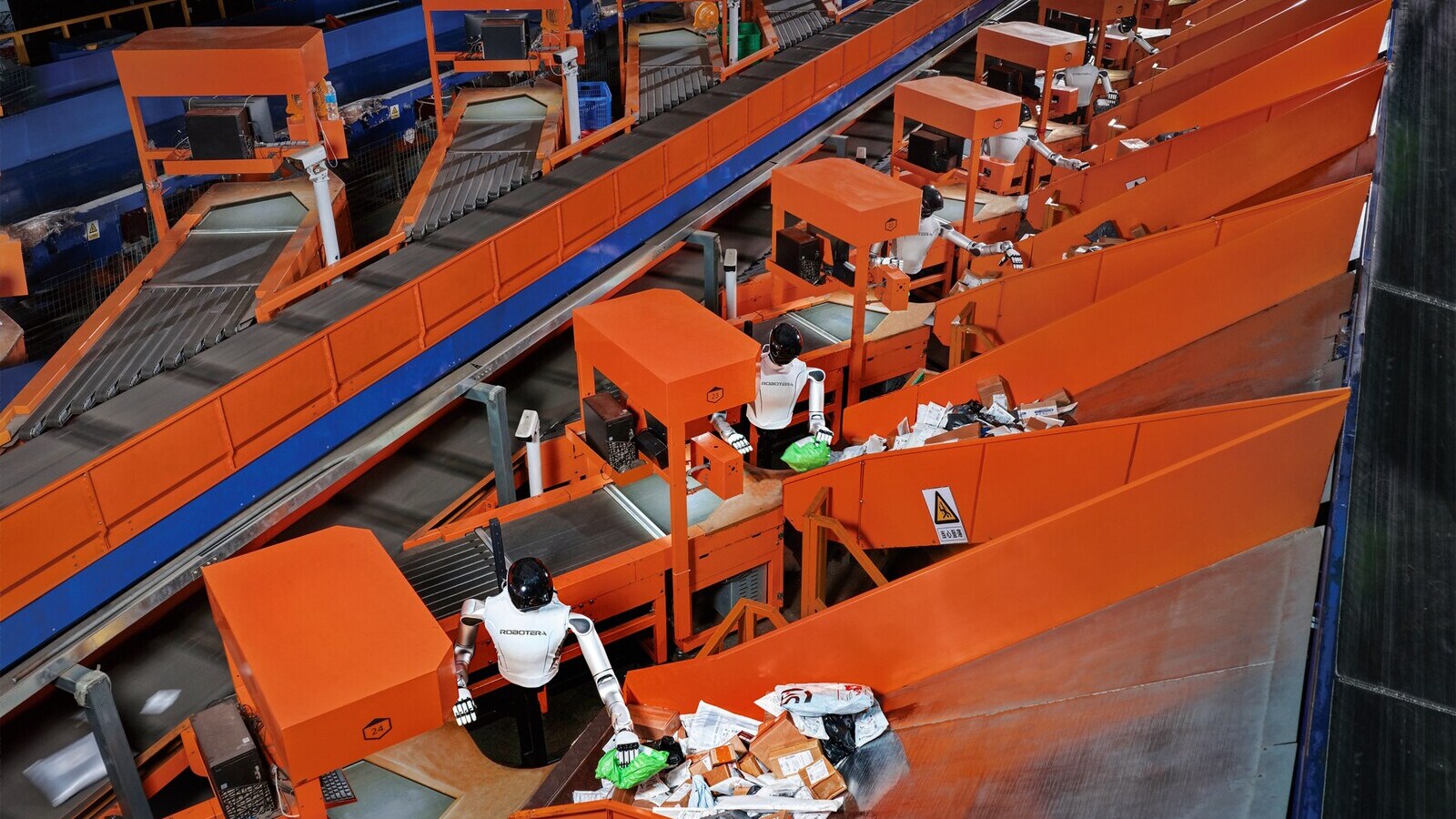 ROBOTERA M7 humanoid robot sorting small parcels in a logistics facility