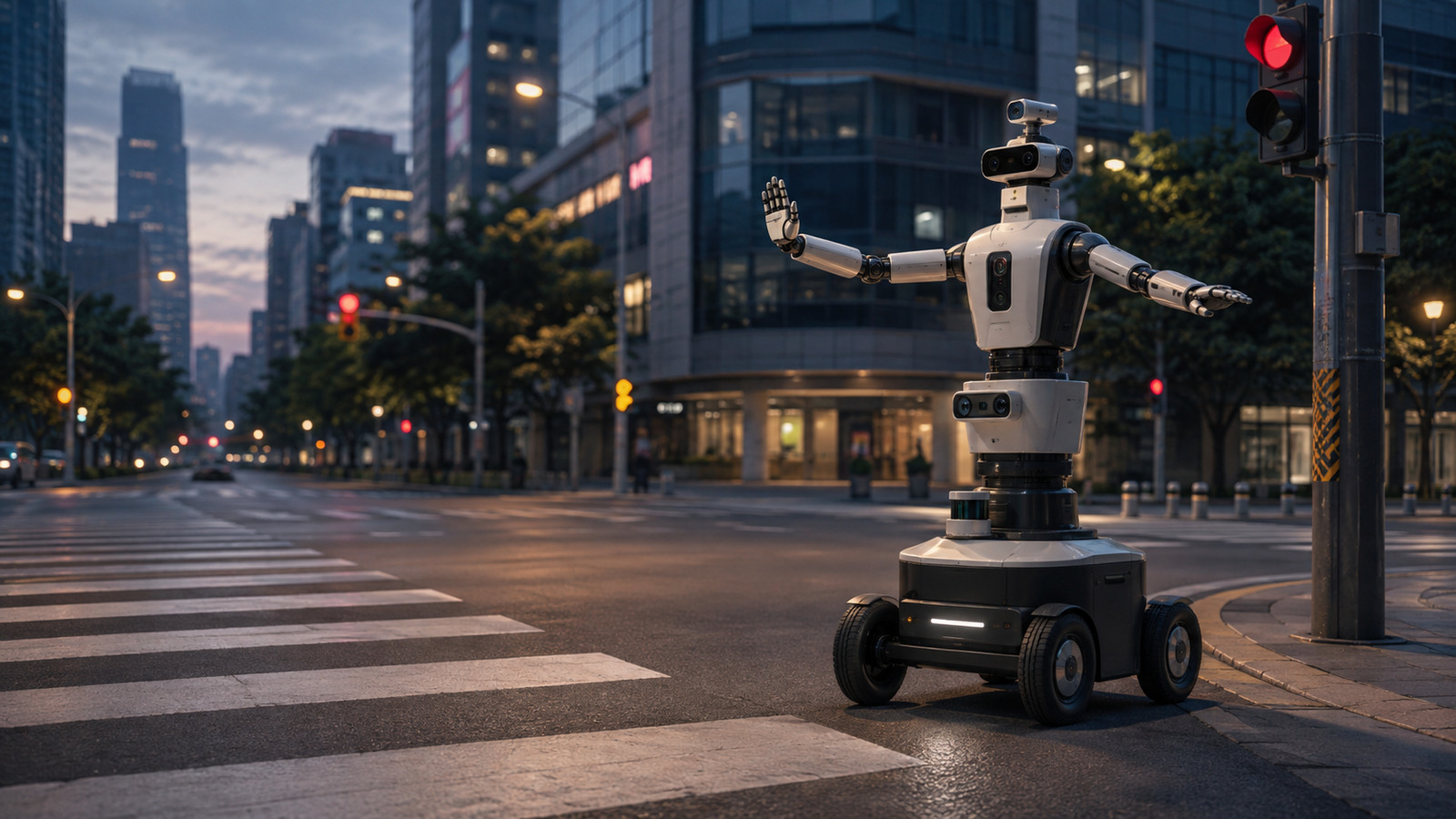 Editorial illustration of a wheeled human-shaped traffic robot monitoring a city intersection