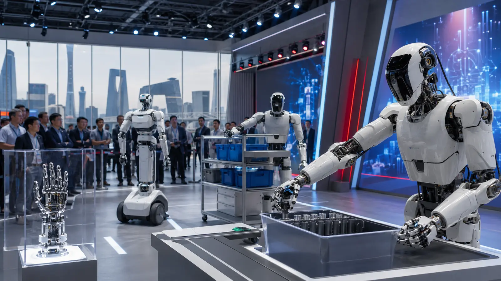 Editorial illustration of humanoid robots and component displays at a Beijing robotics exhibition