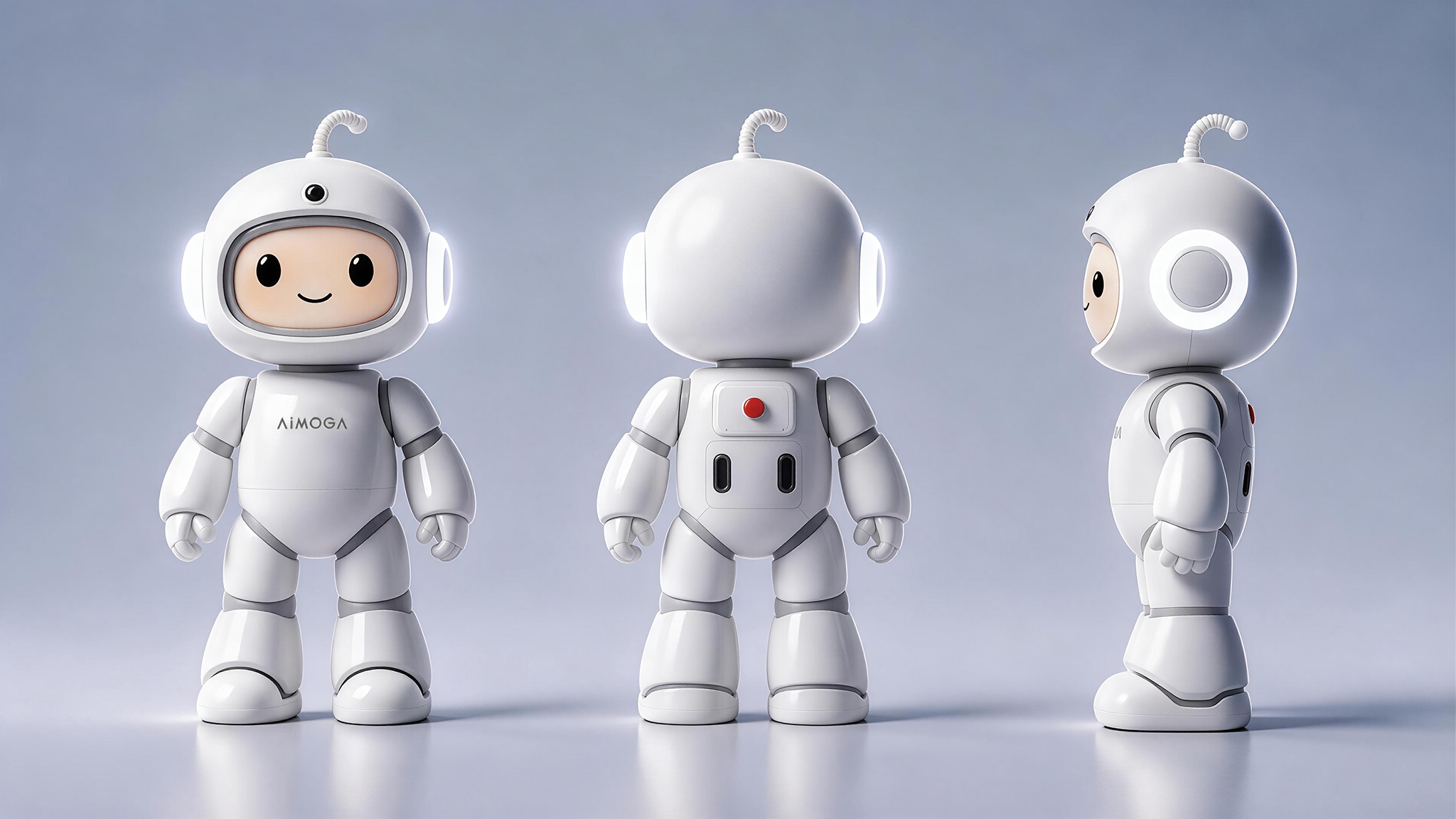 Front, rear and side views of AiMOGA’s white Mobo companion robot.