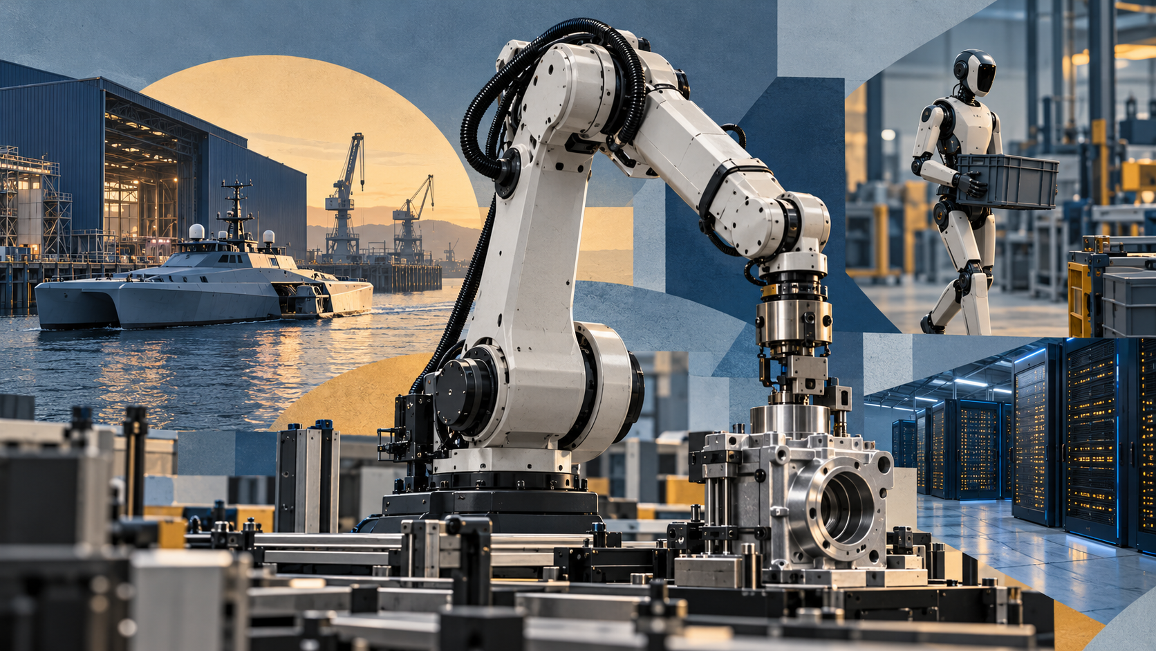 Editorial illustration combining an industrial robot arm, an autonomous vessel, a humanoid robot and AI computing infrastructure.